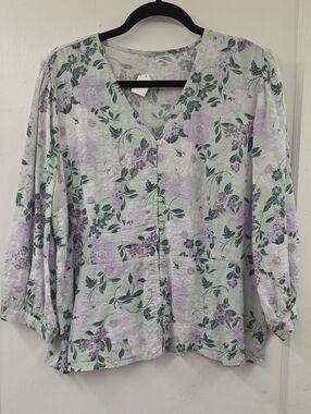 🍁Liz Claiborne Floral Button Front Blouse Medium 3/4 Sleeve